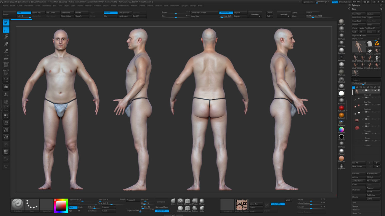 ZBrush ZTool render of a male 3D body scan at high subdivision showing sculpt-ready mesh detail